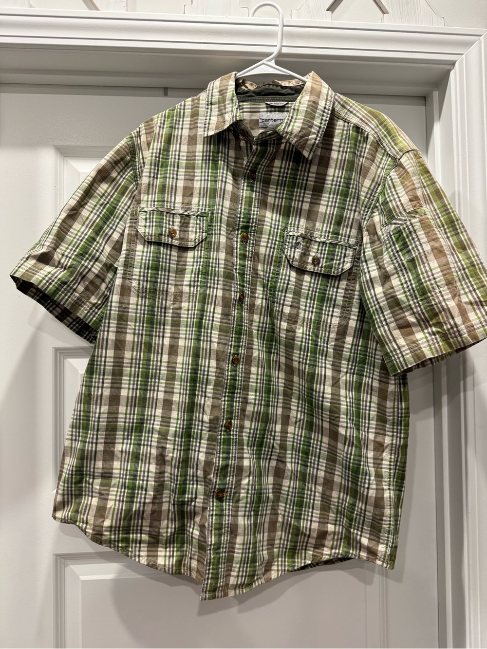 Carhartt Men's Short-Sleeve Plaid Button-Down Shirt - Green/Brown/White